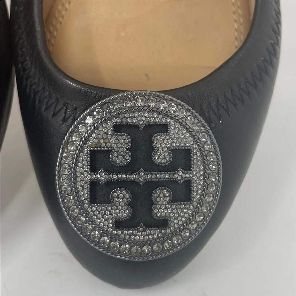 Tory Burch Black Ballet Flats with Silver Rhinestone Logo Size 6.5